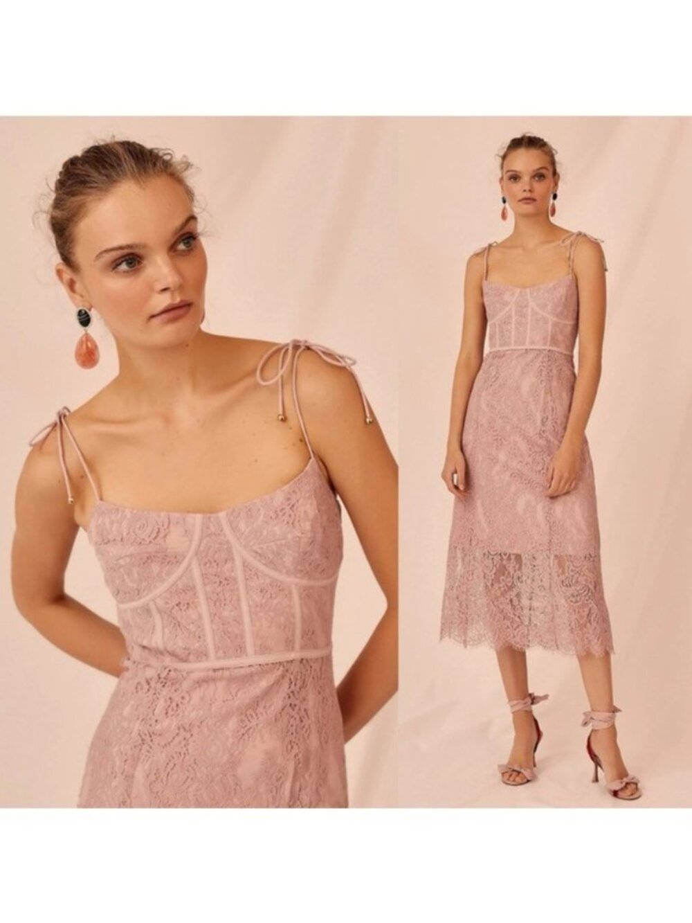 Keepsake The Label Sense Lace Midi Dress 10 Pink Sheer Sweetheart Tie Sleeve